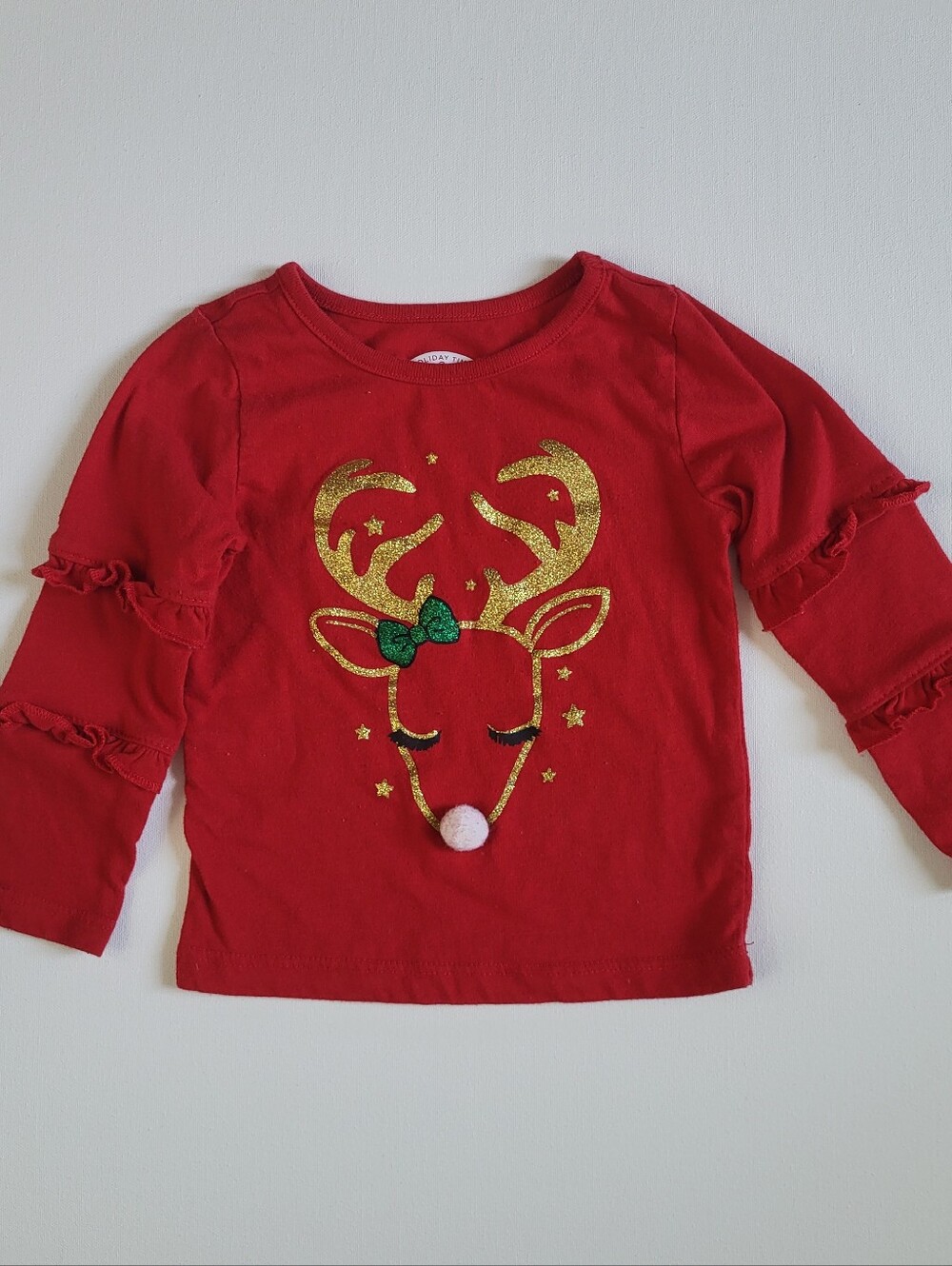 Holiday Time Red Long-Sleeve Top with Gold Reindeer and Green Bow